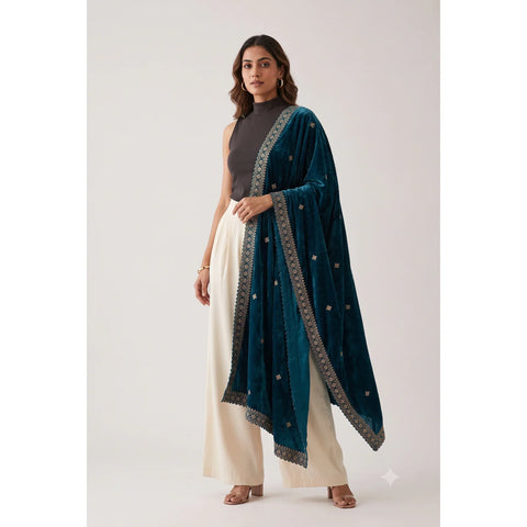 Teal Blue velvet dupatta worn, close drape view