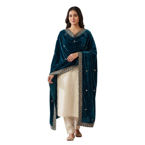 Teal Blue velvet dupatta scalloped border and zari embroidery close-up
