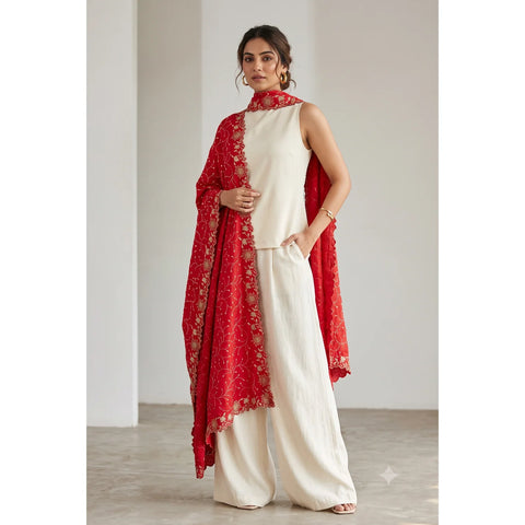 Red georgette floral embroidered dupatta draped, full view