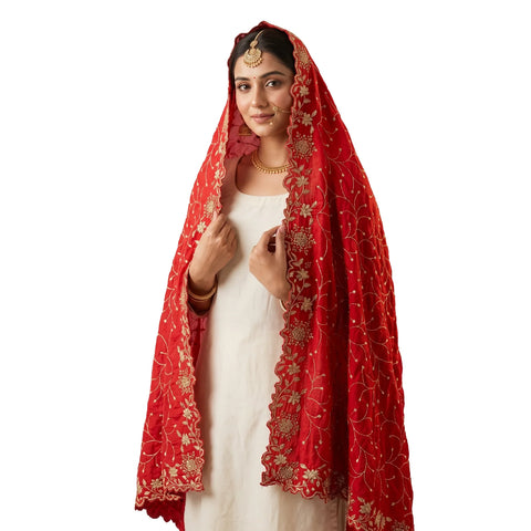 Red georgette dupatta worn, styled view