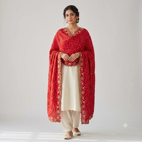 Red georgette dupatta scalloped border and floral embroidery close-up