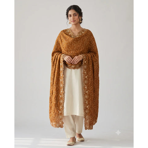 Mustard Gold georgette floral embroidered dupatta draped, full view
