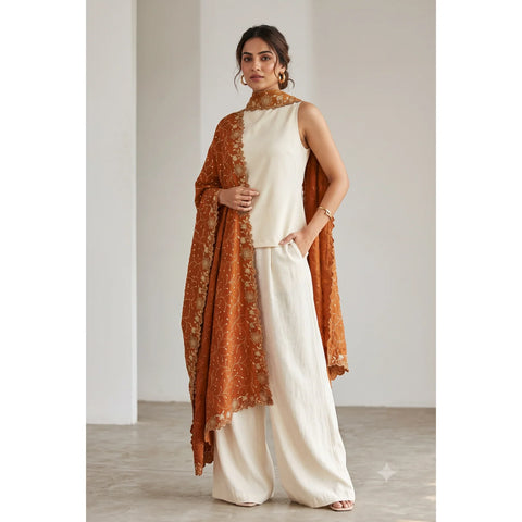 Mustard Gold georgette dupatta scalloped border and floral embroidery close-up