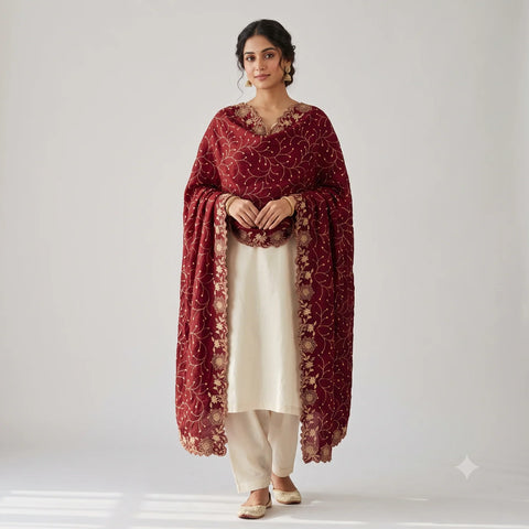 Maroon georgette dupatta worn, styled view