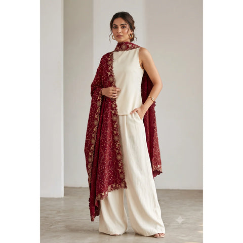Maroon georgette floral embroidered dupatta draped, full view
