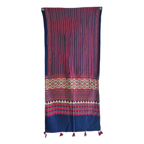 Navy blue Ajrakh printed cotton stole ISAK16-01 draped — indigo base with cream geometric patterns — Indiascarves