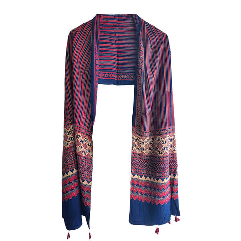 Navy blue Ajrakh cotton stole ISAK16-02 — Kutch hand block print with red and cream motifs — Indiascarves