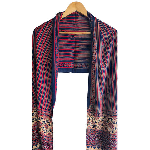 Navy blue Ajrakh printed cotton stole ISAK16-03 — traditional Indian dupatta with tassels — Indiascarves