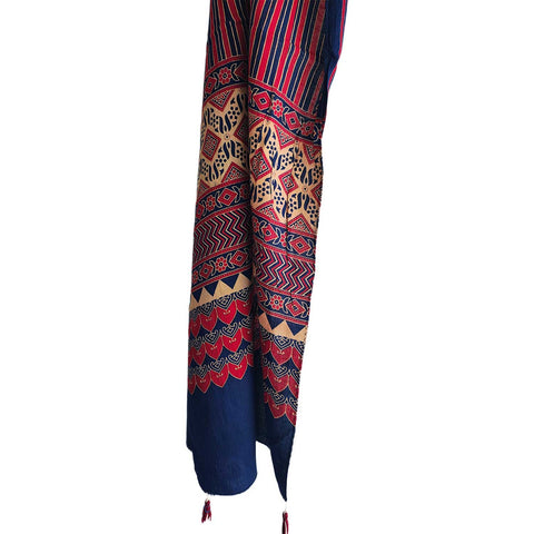 Navy blue Ajrakh cotton stole ISAK16-04 — hand block print ethnic scarf 55x210 cm — Indiascarves