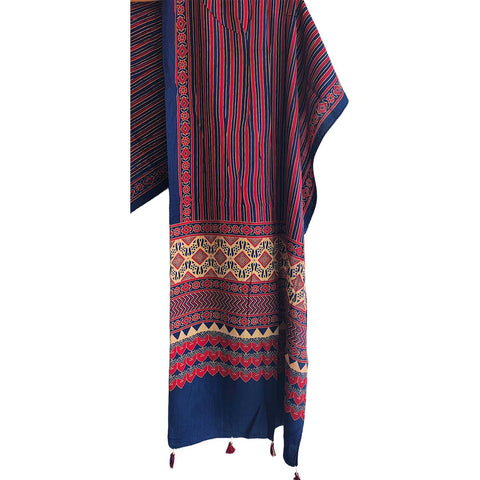 Navy blue Ajrakh printed cotton stole ISAK16-05 — indigo with multicolour geometric print and tassels — Indiascarves