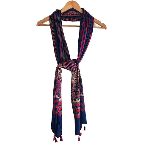 Navy blue Ajrakh cotton stole ISAK16-01 worn by model — hand block print ethnic scarf with tassels — Indiascarves