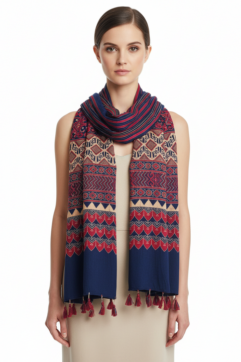 Navy blue Ajrakh printed cotton stole ISAK16-01 — geometric paisley motifs on deep indigo with tassel ends — Indiascarves