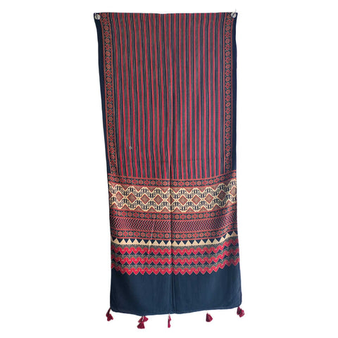 Ajrakh Printed Cotton Stole for Women | Navy Blue Ethnic Scarf with Tassels | 55x210 cm | Traditional Indian Dupatta