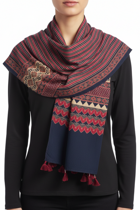 Navy blue scarf with red and beige pattern on a white background
