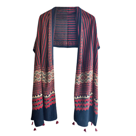 Ajrakh Printed Cotton Stole for Women | Navy Blue Ethnic Scarf with Tassels | 55x210 cm | Traditional Indian Dupatta