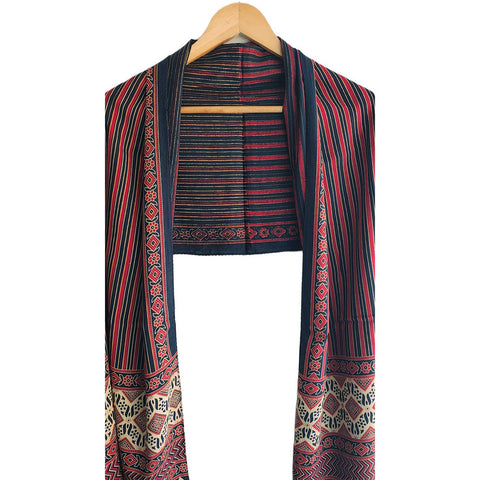Ajrakh Printed Cotton Stole for Women | Navy Blue Ethnic Scarf with Tassels | 55x210 cm | Traditional Indian Dupatta