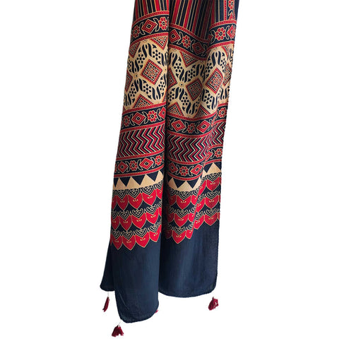 Ajrakh Printed Cotton Stole for Women | Navy Blue Ethnic Scarf with Tassels | 55x210 cm | Traditional Indian Dupatta