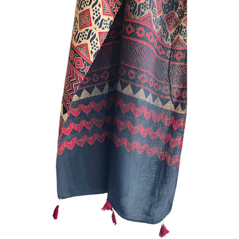 Ajrakh Printed Cotton Stole for Women | Navy Blue Ethnic Scarf with Tassels | 55x210 cm | Traditional Indian Dupatta