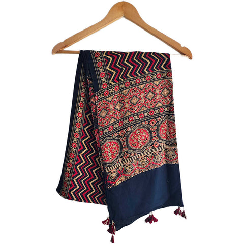 Ajrakh Printed Cotton Stole for Women | Navy Blue Ethnic Scarf with Tassels | 55x210 cm | Traditional Indian Dupatta