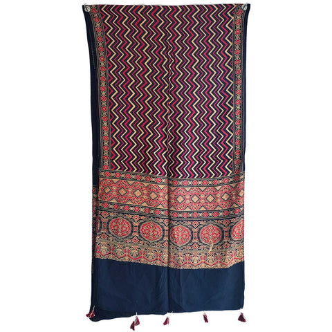 Ajrakh Printed Cotton Stole for Women | Navy Blue Ethnic Scarf with Tassels | 55x210 cm | Traditional Indian Dupatta
