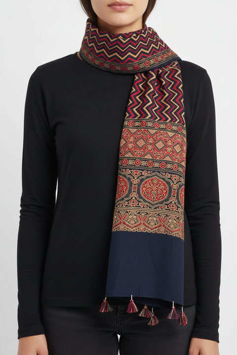 Ajrakh Printed Cotton Stole for Women | Navy Blue Ethnic Scarf with Tassels | 55x210 cm | Traditional Indian Dupatta