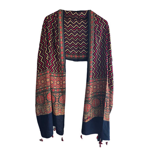 Ajrakh Printed Cotton Stole for Women | Navy Blue Ethnic Scarf with Tassels | 55x210 cm | Traditional Indian Dupatta