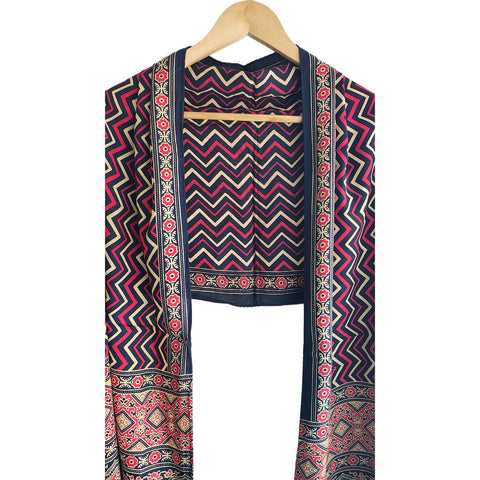 Ajrakh Printed Cotton Stole for Women | Navy Blue Ethnic Scarf with Tassels | 55x210 cm | Traditional Indian Dupatta