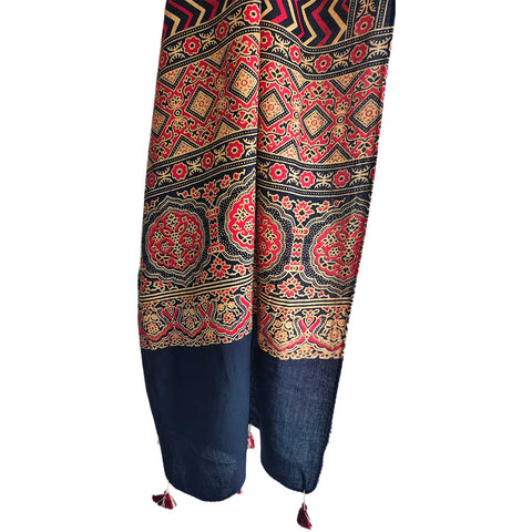 Ajrakh Printed Cotton Stole for Women | Navy Blue Ethnic Scarf with Tassels | 55x210 cm | Traditional Indian Dupatta