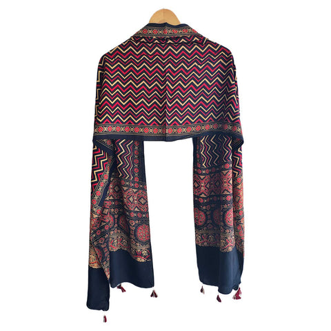 Ajrakh Printed Cotton Stole for Women | Navy Blue Ethnic Scarf with Tassels | 55x210 cm | Traditional Indian Dupatta