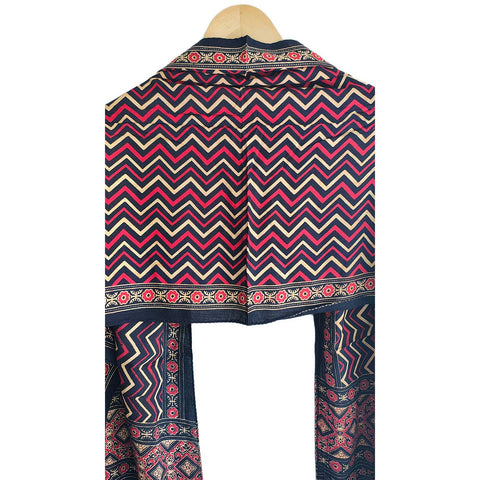 Ajrakh Printed Cotton Stole for Women | Navy Blue Ethnic Scarf with Tassels | 55x210 cm | Traditional Indian Dupatta