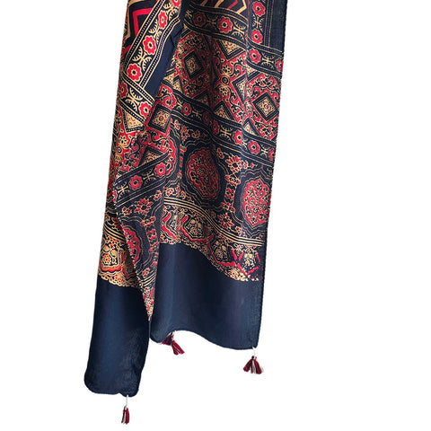 Ajrakh Printed Cotton Stole for Women | Navy Blue Ethnic Scarf with Tassels | 55x210 cm | Traditional Indian Dupatta