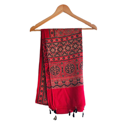 Ajrakh Printed Cotton Stole for Women | Navy Blue Ethnic Scarf with Tassels | 55x210 cm | Traditional Indian Dupatta