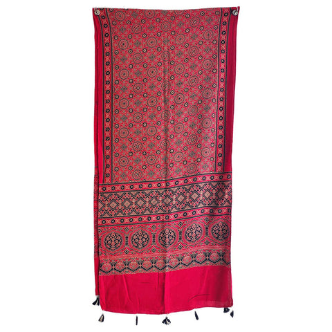 Ajrakh Printed Cotton Stole for Women | Navy Blue Ethnic Scarf with Tassels | 55x210 cm | Traditional Indian Dupatta