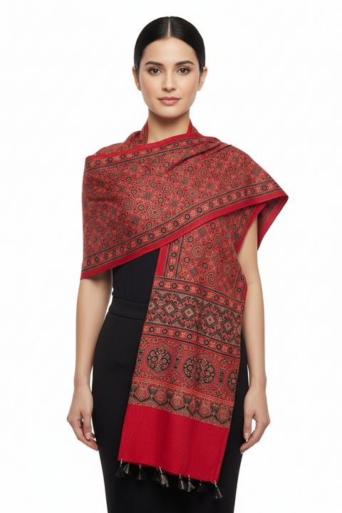 Ajrakh Printed Cotton Stole for Women | Navy Blue Ethnic Scarf with Tassels | 55x210 cm | Traditional Indian Dupatta