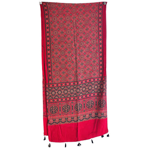 Ajrakh Printed Cotton Stole for Women | Navy Blue Ethnic Scarf with Tassels | 55x210 cm | Traditional Indian Dupatta
