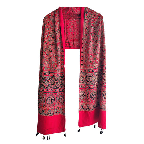 Ajrakh Printed Cotton Stole for Women | Navy Blue Ethnic Scarf with Tassels | 55x210 cm | Traditional Indian Dupatta