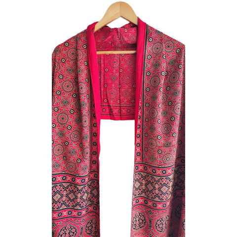 Ajrakh Printed Cotton Stole for Women | Navy Blue Ethnic Scarf with Tassels | 55x210 cm | Traditional Indian Dupatta