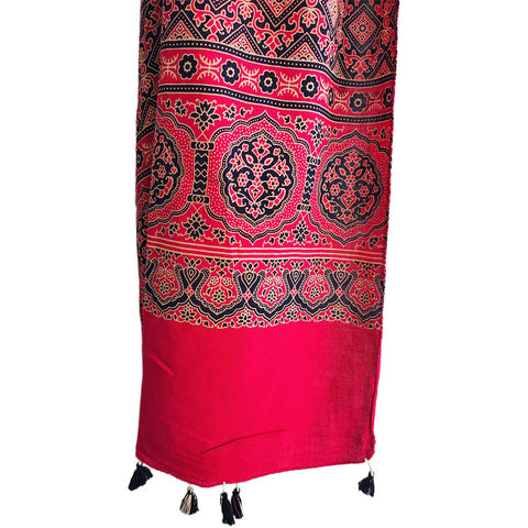 Ajrakh Printed Cotton Stole for Women | Navy Blue Ethnic Scarf with Tassels | 55x210 cm | Traditional Indian Dupatta