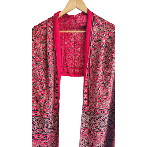 Ajrakh Printed Cotton Stole for Women | Navy Blue Ethnic Scarf with Tassels | 55x210 cm | Traditional Indian Dupatta
