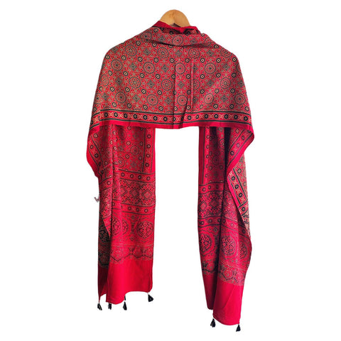 Ajrakh Printed Cotton Stole for Women | Navy Blue Ethnic Scarf with Tassels | 55x210 cm | Traditional Indian Dupatta