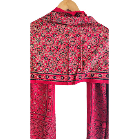 Ajrakh Printed Cotton Stole for Women | Navy Blue Ethnic Scarf with Tassels | 55x210 cm | Traditional Indian Dupatta