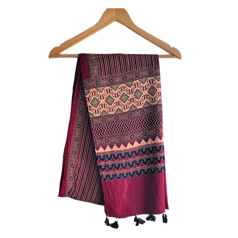Ajrakh Printed Cotton Stole for Women | Navy Blue Ethnic Scarf with Tassels | 55x210 cm | Traditional Indian Dupatta