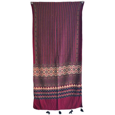 Ajrakh Printed Cotton Stole for Women | Navy Blue Ethnic Scarf with Tassels | 55x210 cm | Traditional Indian Dupatta