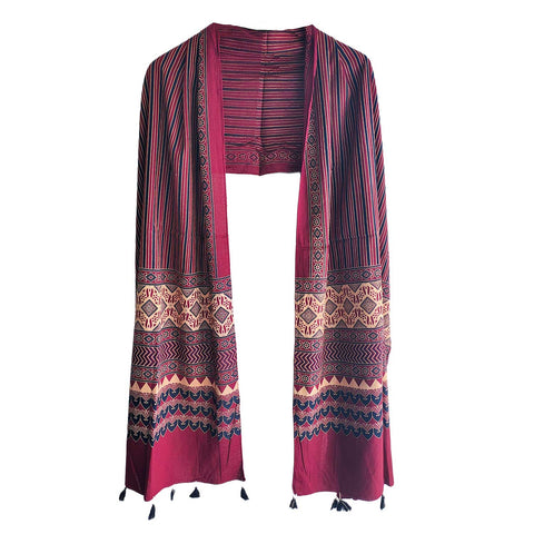 Ajrakh Printed Cotton Stole for Women | Navy Blue Ethnic Scarf with Tassels | 55x210 cm | Traditional Indian Dupatta