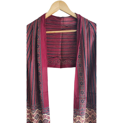 Ajrakh Printed Cotton Stole for Women | Navy Blue Ethnic Scarf with Tassels | 55x210 cm | Traditional Indian Dupatta