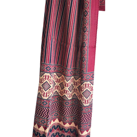 Ajrakh Printed Cotton Stole for Women | Navy Blue Ethnic Scarf with Tassels | 55x210 cm | Traditional Indian Dupatta