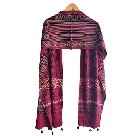 Ajrakh Printed Cotton Stole for Women | Navy Blue Ethnic Scarf with Tassels | 55x210 cm | Traditional Indian Dupatta