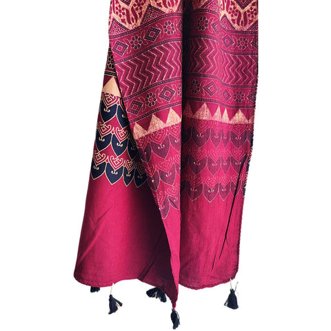 Ajrakh Printed Cotton Stole for Women | Navy Blue Ethnic Scarf with Tassels | 55x210 cm | Traditional Indian Dupatta