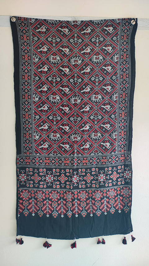 Black Ajrakh printed cotton stole ISAK16-06B — close-up of geometric block print motifs — Indiascarves