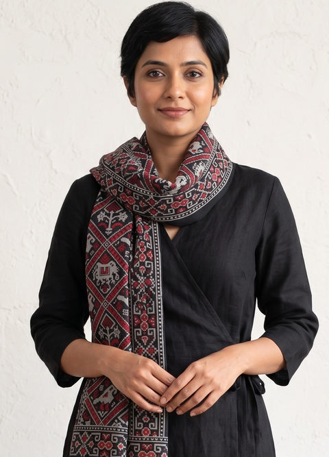 Black Ajrakh printed cotton stole ISAK16-06B — bold black base with red and cream geometric motifs — Indiascarves